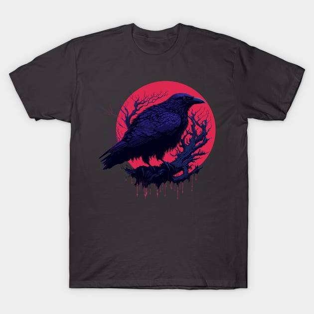 Raven Red Moon Gothic Halloween Night Design T-Shirt by TF Brands